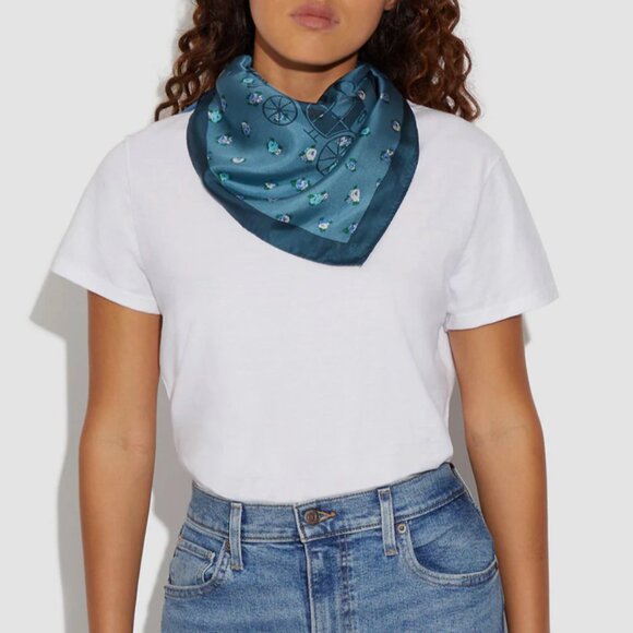 NWT - COACH Horse And Carriage Tea Rose Print Silk Bandana Scarf - Pacific Blue - Picture 1 of 2